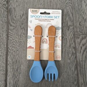 Home Essentials Silicone & Beechwood Spoon and Fork Set - Blue
